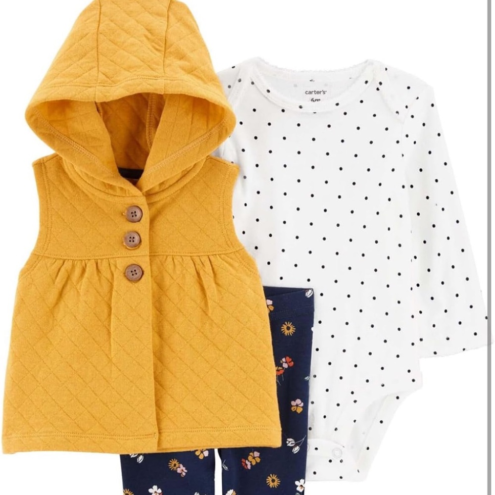 9 months Three Piece with Vest. Mustard yellow and Floral. Carter’s.